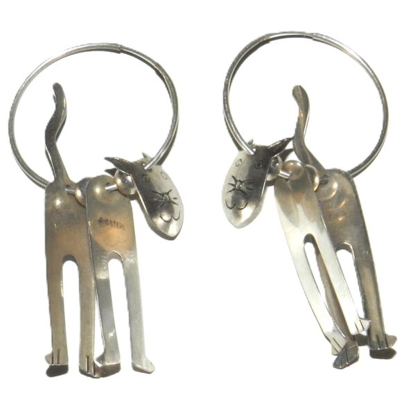 Vintage Sterling Silver Articulated Kitty Cat Hoop Earrings - Picture 6 of 6